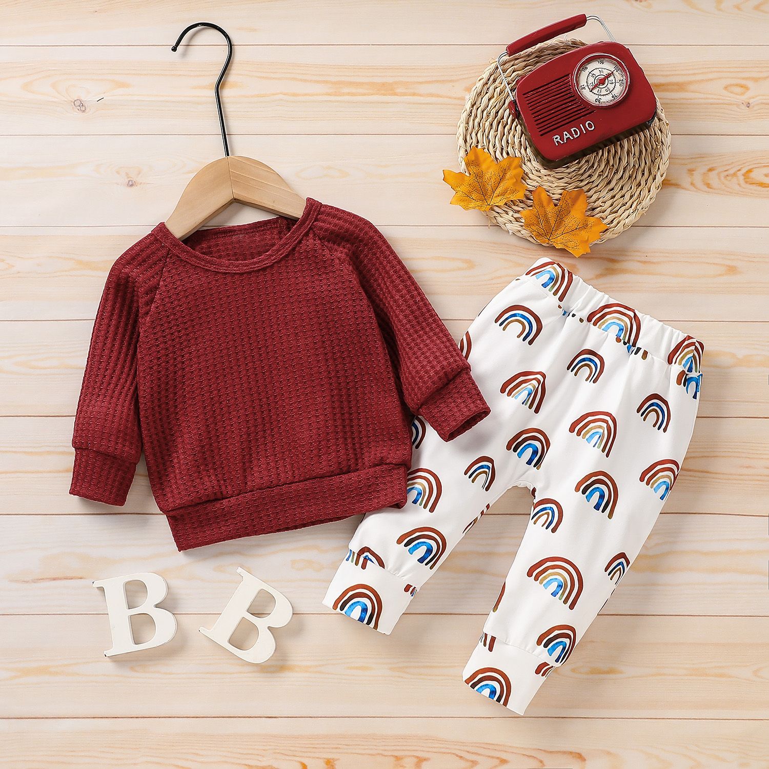 2pcs Rainbow Print Waffle Long-sleeve Ginger Baby Set