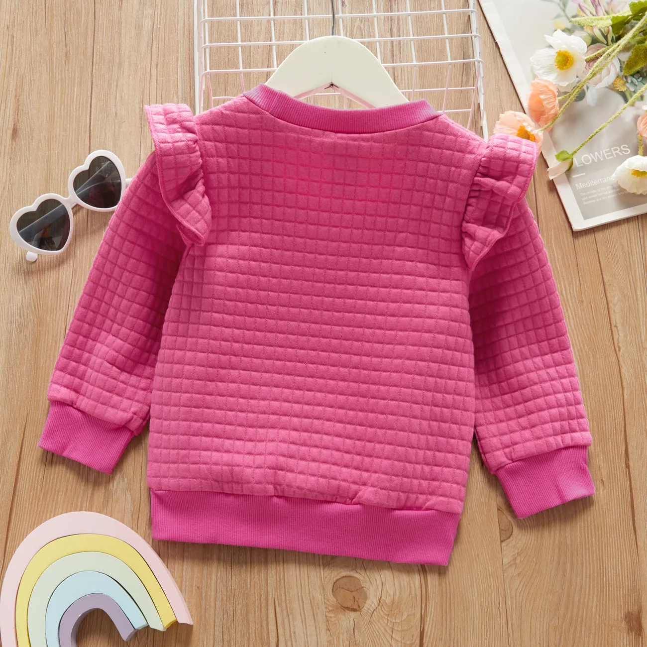 Toddler Girl Textured Ruffled Solid Pullover Sweatshirt Rosy big image 1
