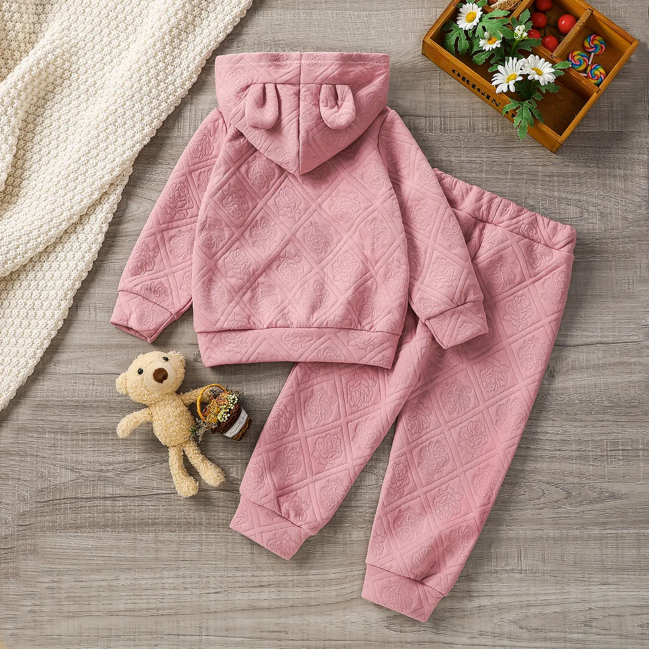2-piece Toddler Girl Floral Pattern Textured Ear Design Hoodie Sweatshirt and Pants Set Pink big image 1