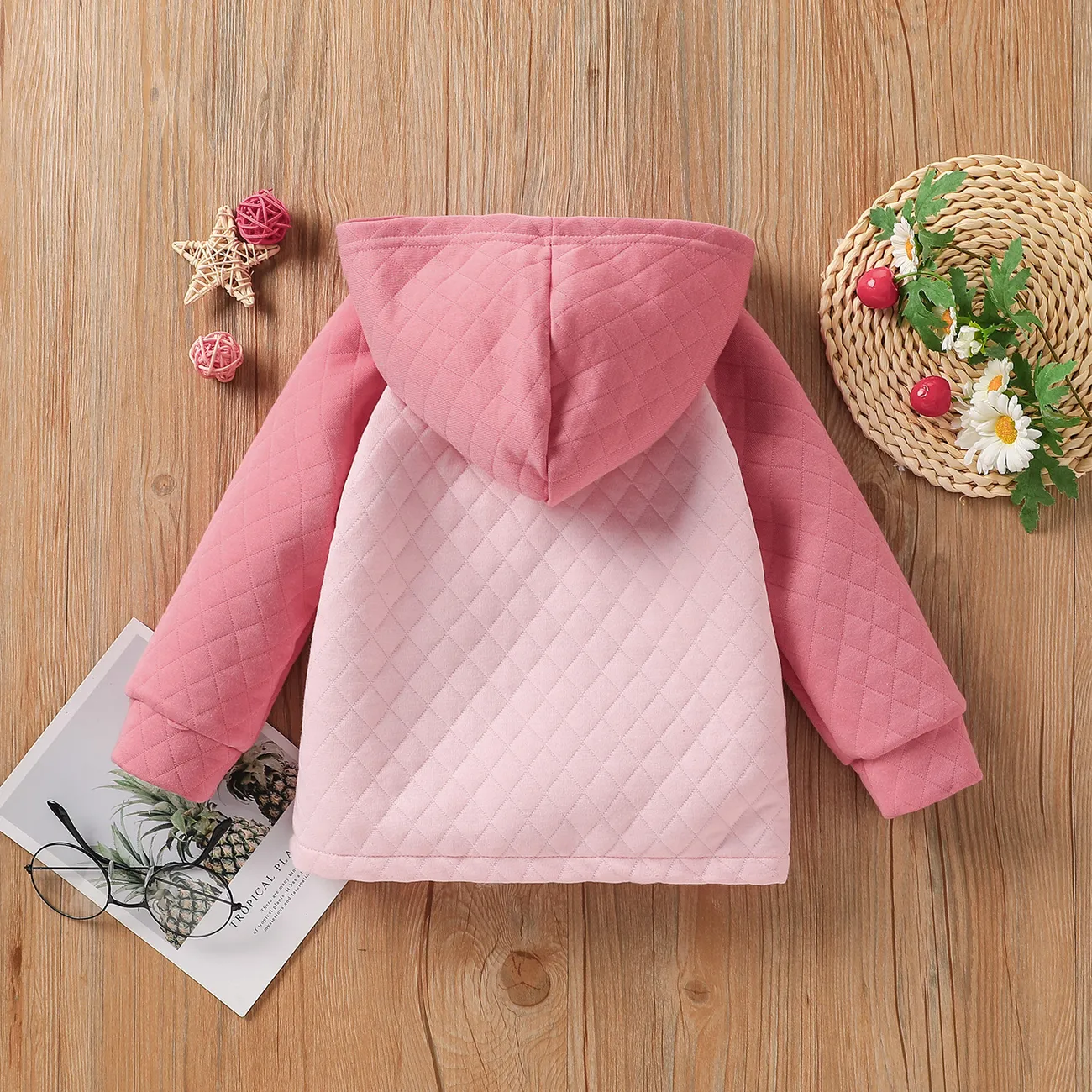 Baby Boy/Girl Letter Print Raglan Long-sleeve Hooded Quilted Top Dark Pink big image 1