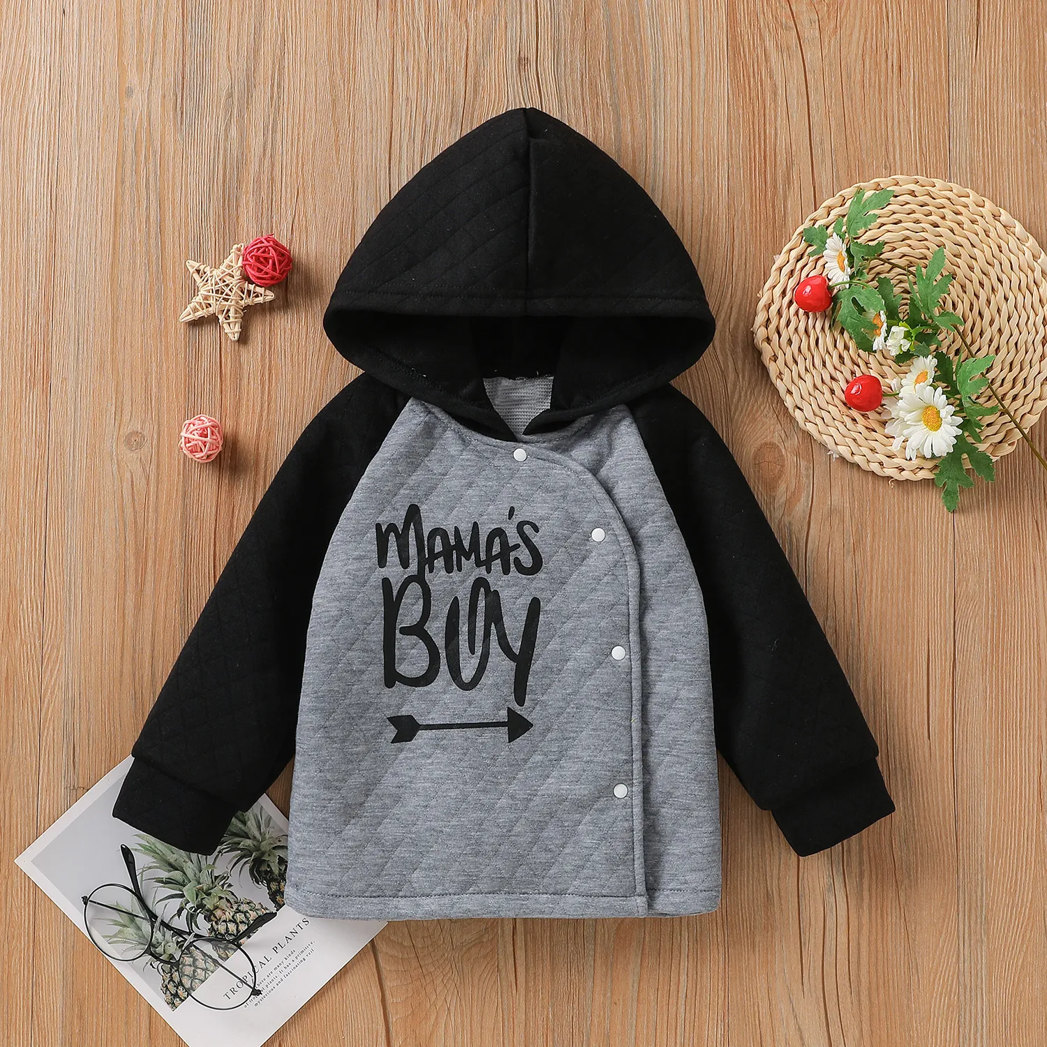 Baby Boy/Girl Letter Print Raglan Long-sleeve Hooded Quilted Top