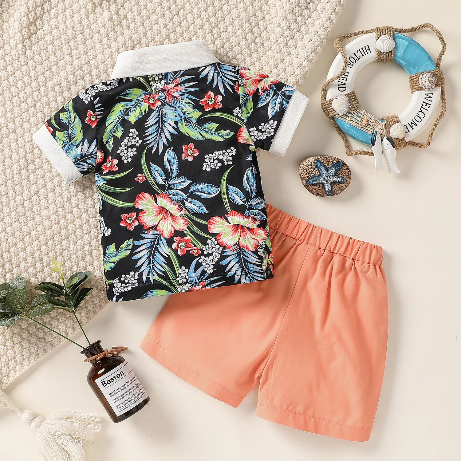 2pcs Baby Boy Floral Print Short-sleeve Polo Shirt and Solid Shorts Set Multi-color image 5