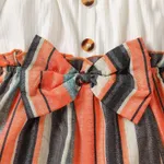 2pcs Baby Girl White Ribbed Splicing Striped Bowknot Frill Puff-sleeve Dress with Headband Set Color block image 5