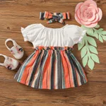 2pcs Baby Girl White Ribbed Splicing Striped Bowknot Frill Puff-sleeve Dress with Headband Set Color block image 2
