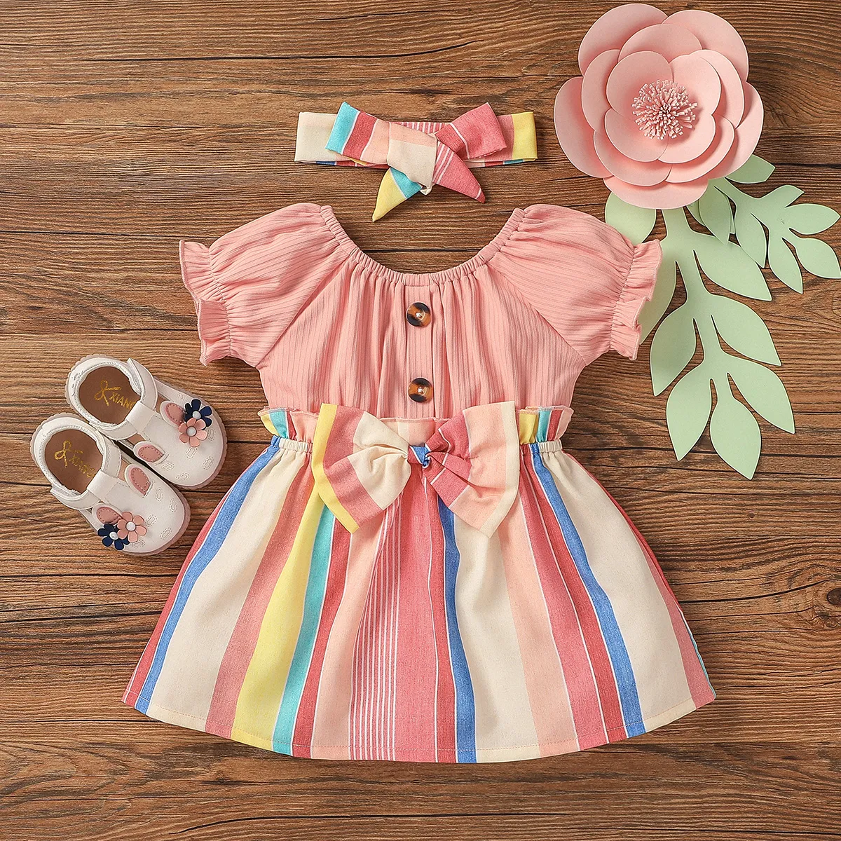 2pcs Baby Girl White Ribbed Splicing Striped Bowknot Frill Puff-sleeve Dress With Headband Set