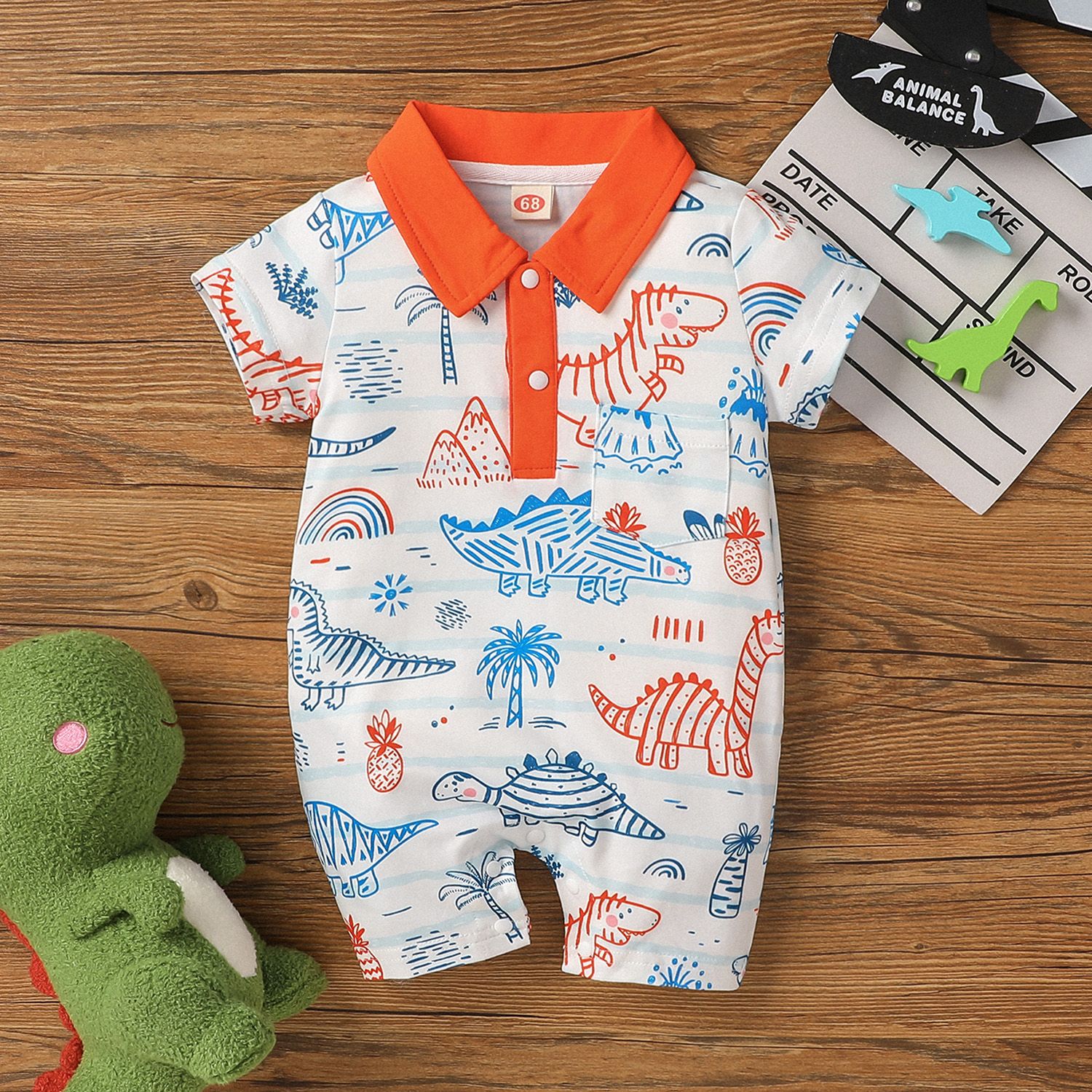 

Baby Boy Contrast Collar All Over Dinosaur Print Short-sleeve Romper