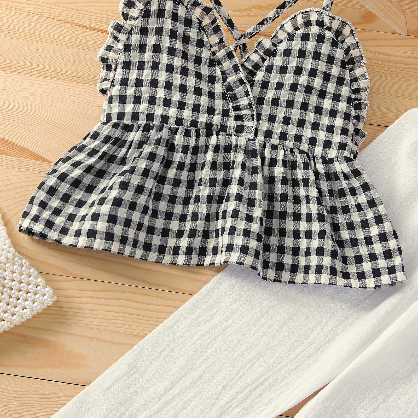 

2-piece Toddler Girl Ruffled Plaid Camisole and Bowknot Design Elasticized Pants Set