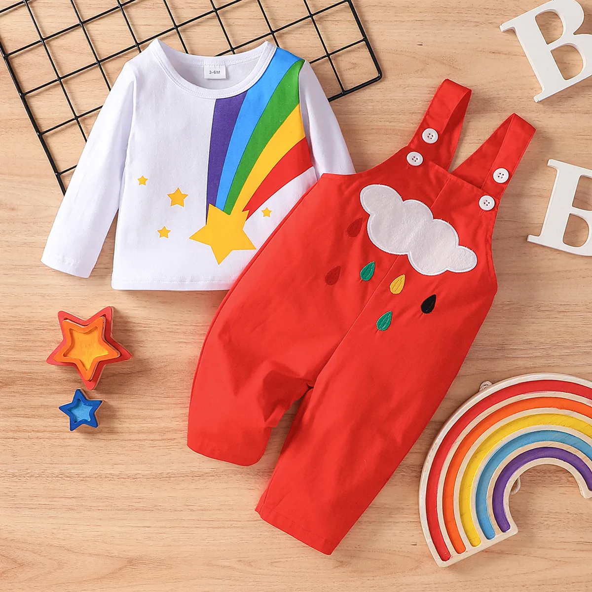 

2pcs Baby Boy/Girl 100% Cotton Overalls and Rainbow Print Long-sleeve Tee Set