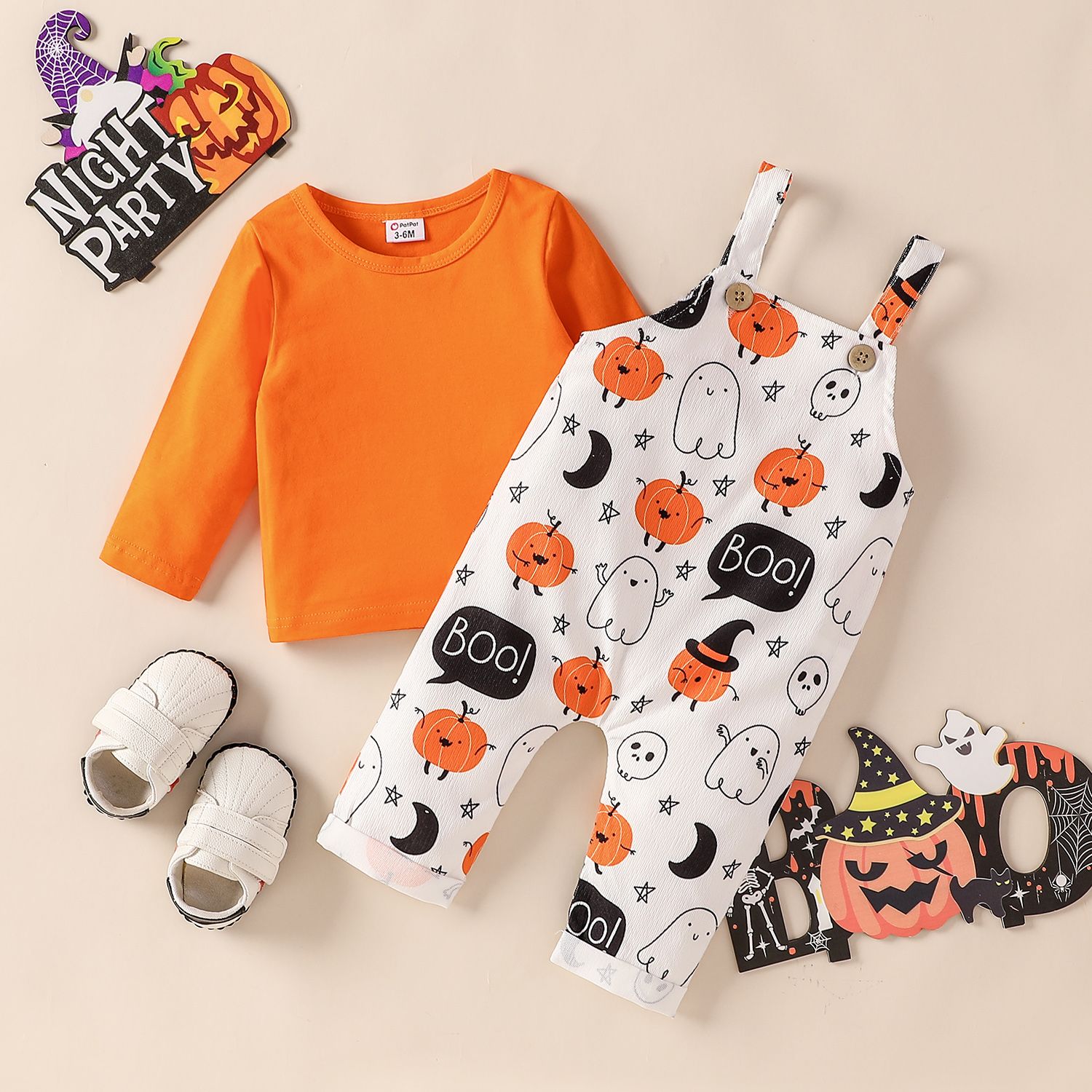 

Halloween 2pcs Baby Boy/Girl 95% Cotton Long-sleeve Solid Tee and Allover Print Overalls Set
