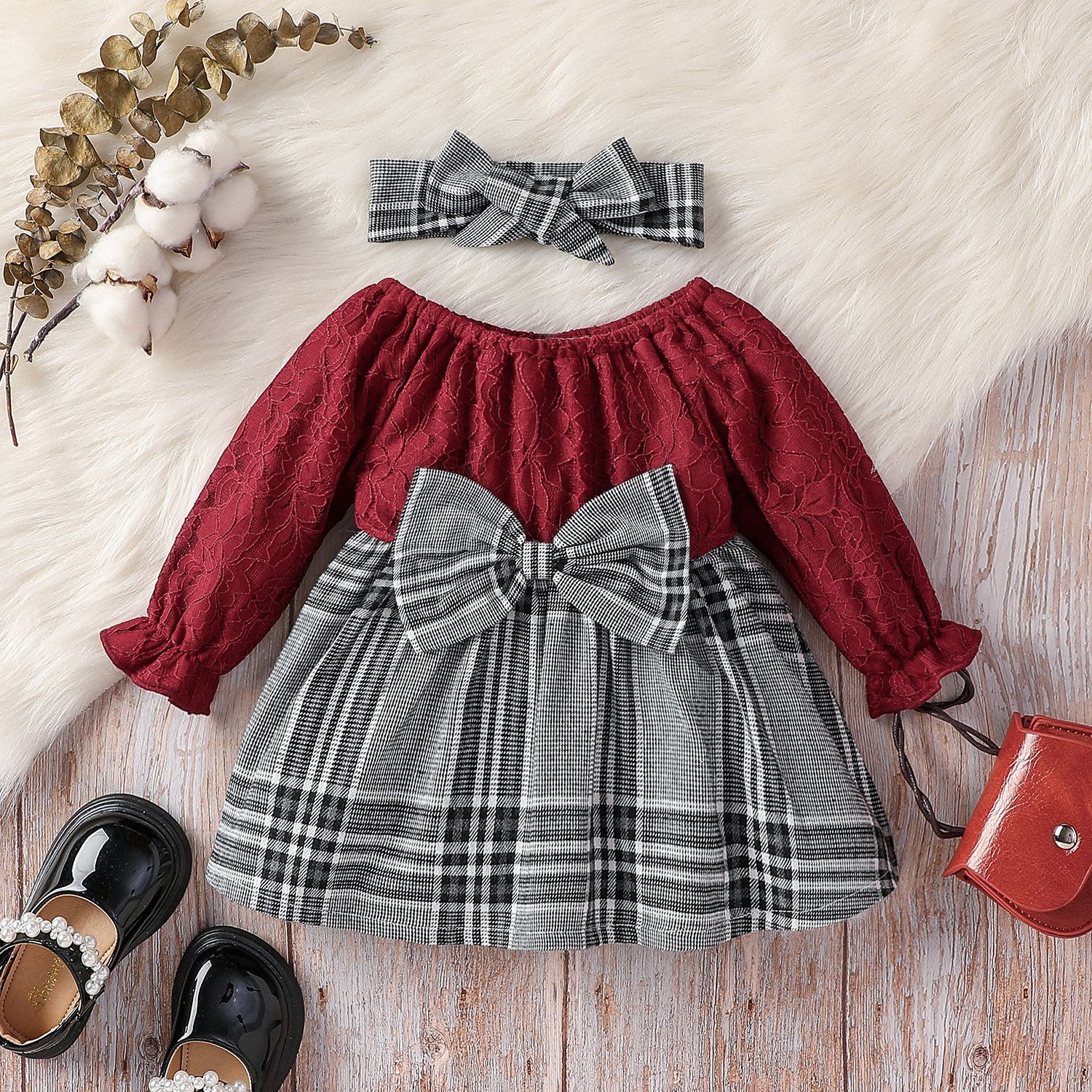 

2pcs Baby Girl Off Shoulder Long-sleeve Lace Spliced Plaid Bow Front Dress with Headband Set