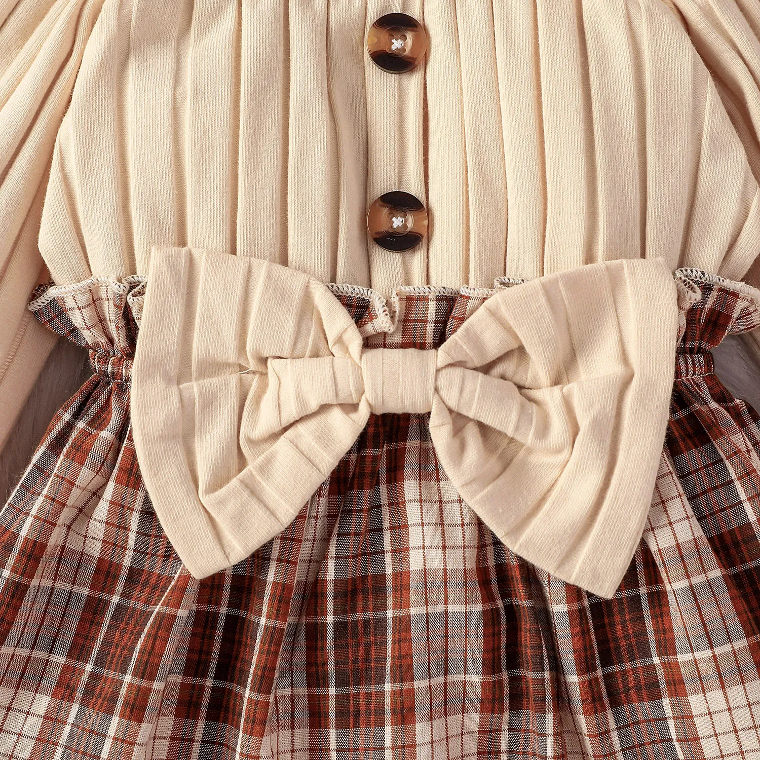 2pcs Baby Girl 95% Cotton Rib Knit Bow Front Long-sleeve Spliced Plaid Dress with Headband Set  image 3