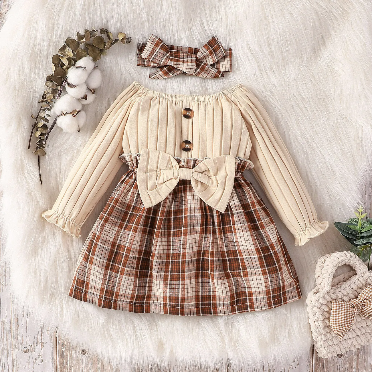 2pcs Baby Girl 95% Cotton Rib Knit Bow Front Long-sleeve Spliced Plaid Dress with Headband Set  big image 1