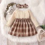 2pcs Baby Girl 95% Cotton Rib Knit Bow Front Long-sleeve Spliced Plaid Dress with Headband Set  image 5