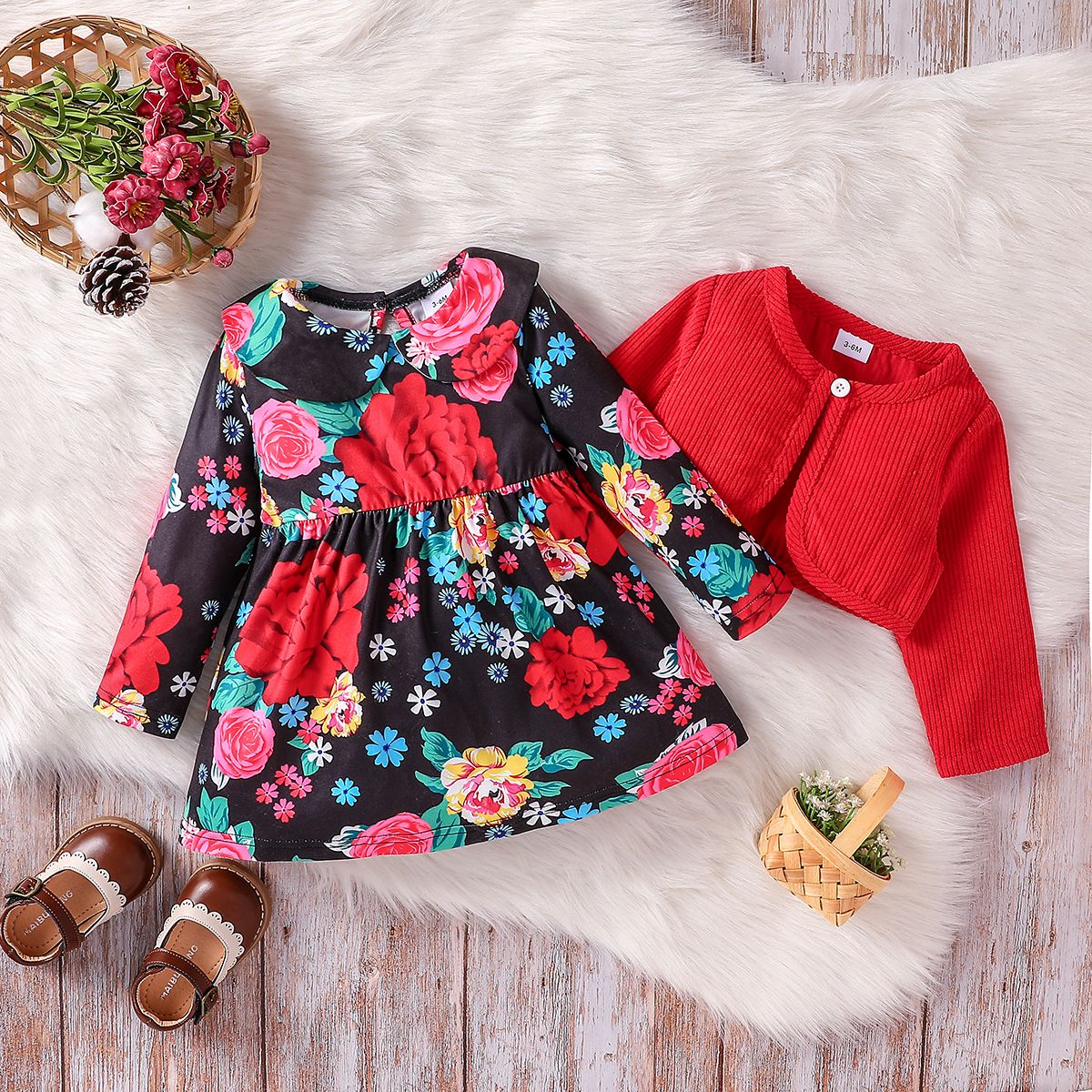 

2pcs Baby Girl Allover Floral Print Peter Pan Collar Long-sleeve Dress and Solid Corduroy Cardigan Set