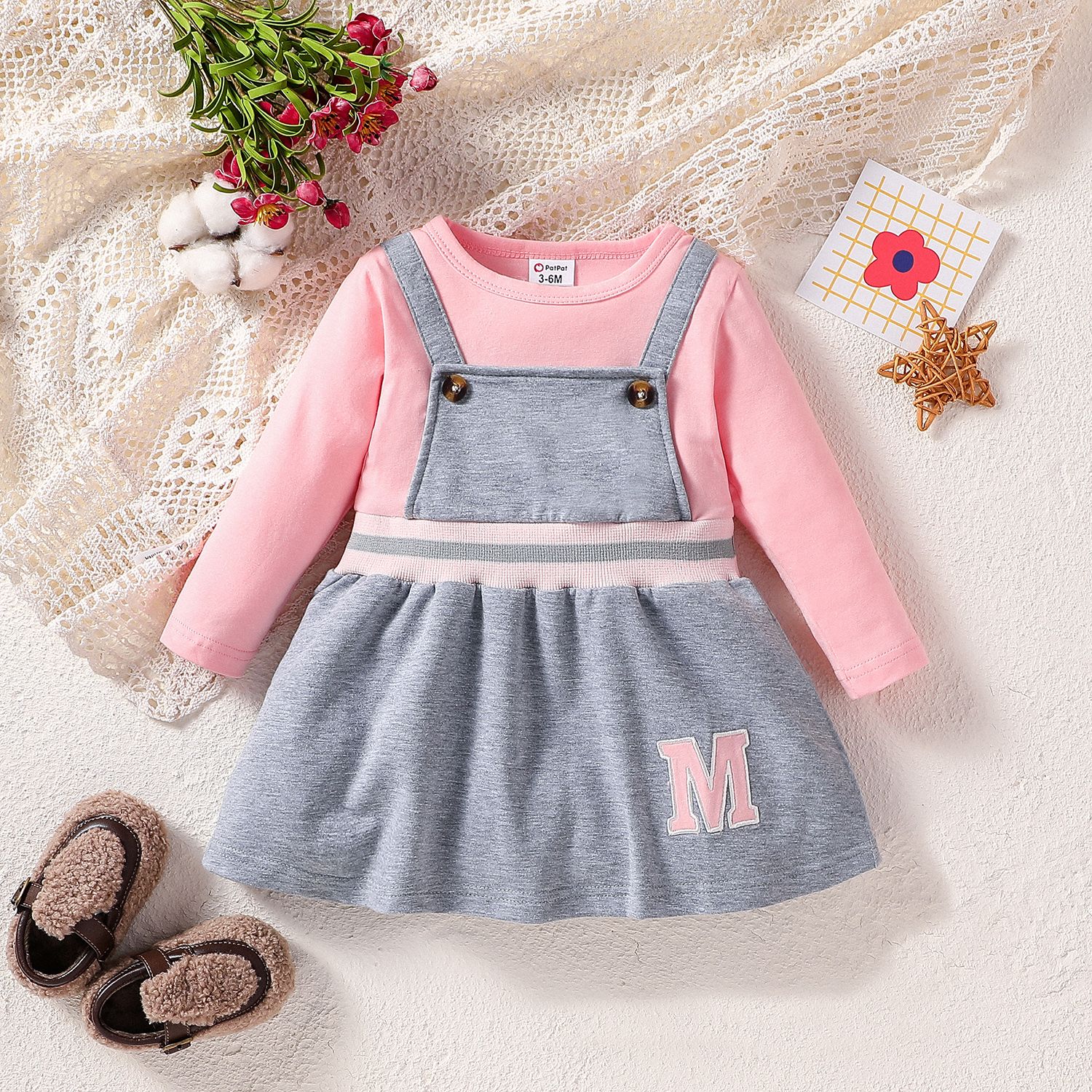 Baby Girl Letter Print Colorblock Long-sleeve Faux-two Dress