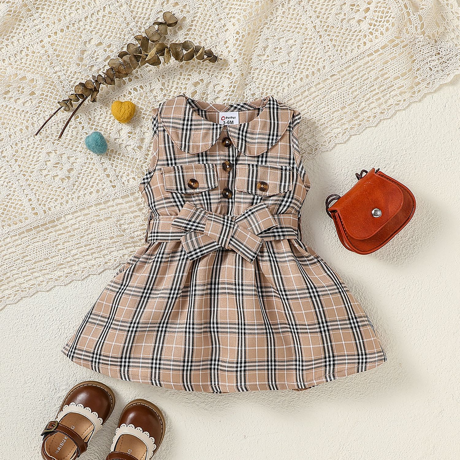 

Baby Girl Button Front Plaid Peter Pan Collar Sleeveless Belted Dress