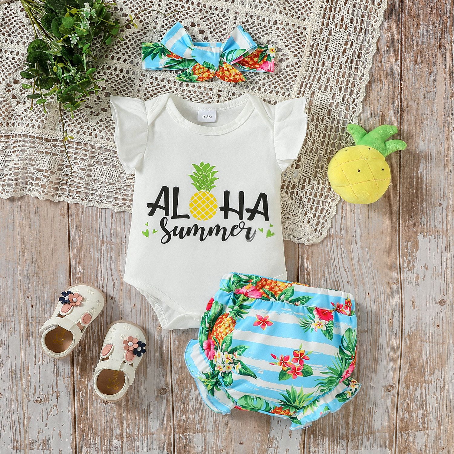 3pcs Baby Girl 95% Cotton Letters Pineapple Pattern Flutter-sleeve Romper and Allover Floral Print R