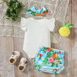 3pcs Baby Girl 95% Cotton Letters Pineapple Pattern Flutter-sleeve Romper and Allover Floral Print Ruffle Shorts & Headband Set  image 2