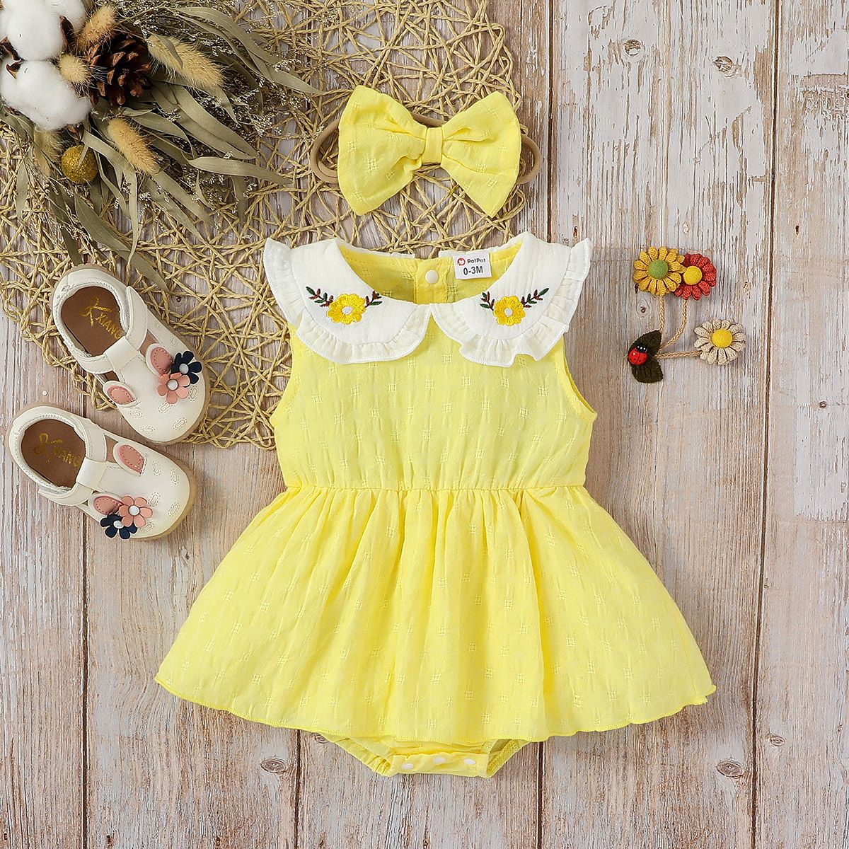 

2pcs Baby Girl 100% Cotton Floral Embroidered Doll Collar Tank Bodysuit Dress with Bow Hair Ties