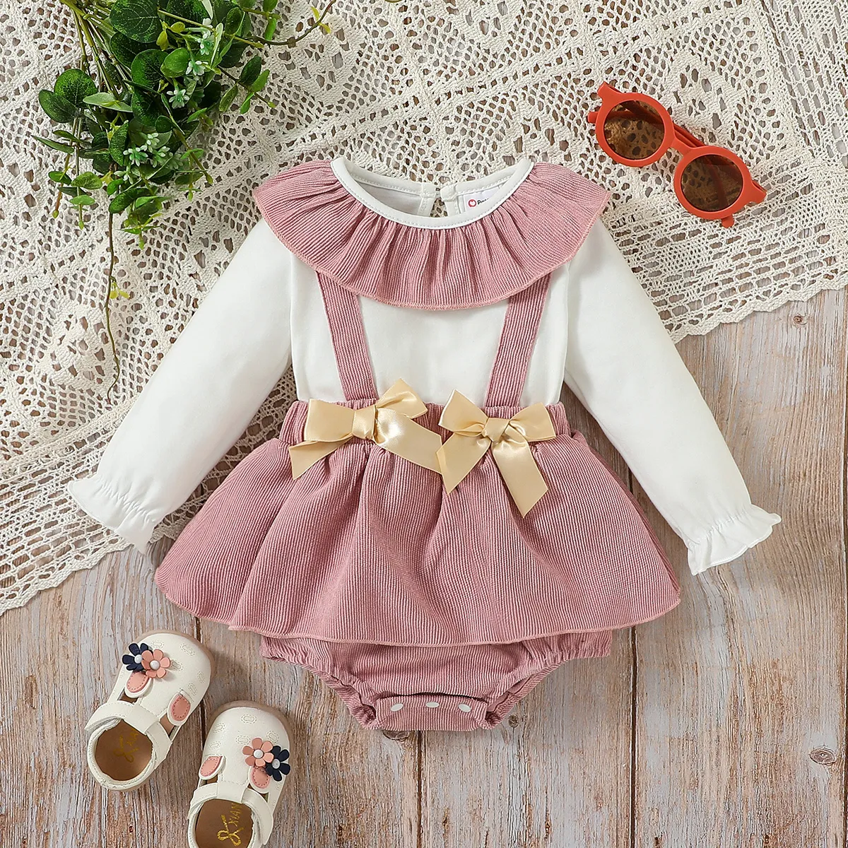 Baby Girl Ruffle Collar Long-sleeve Combo Bodysuit Dress