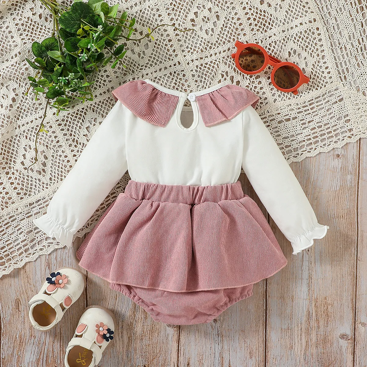 Baby Girl Ruffle Collar Long-sleeve Combo Bodysuit Dress  Pink image 5