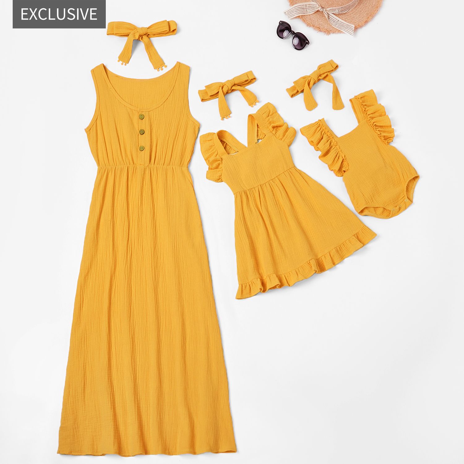 

Mosaic Solid Color 100% Cotton Matching Maxi Dresses with Headband