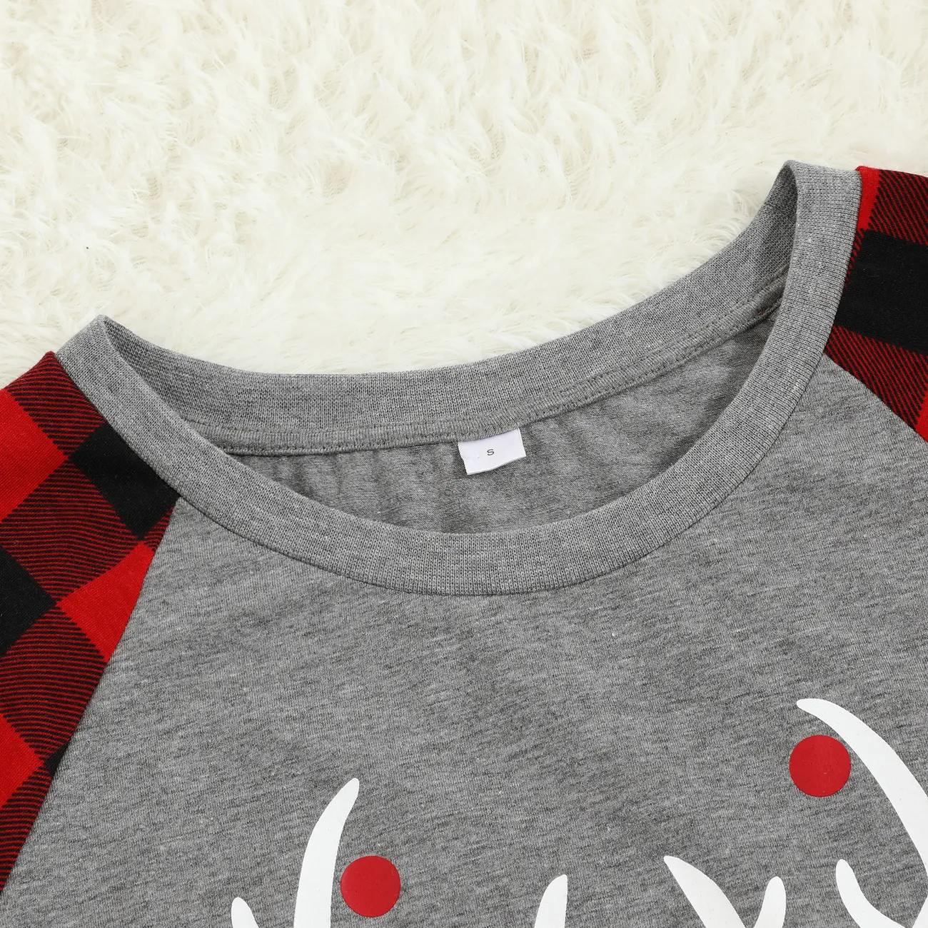 Merry Christmas Antler Letter Print Plaid Design Family Matching Pajamas Sets (Flame Resistant) Grey big image 1