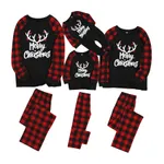 Merry Christmas Antler Letter Print Plaid Design Family Matching Pajamas Sets (Flame Resistant) Black