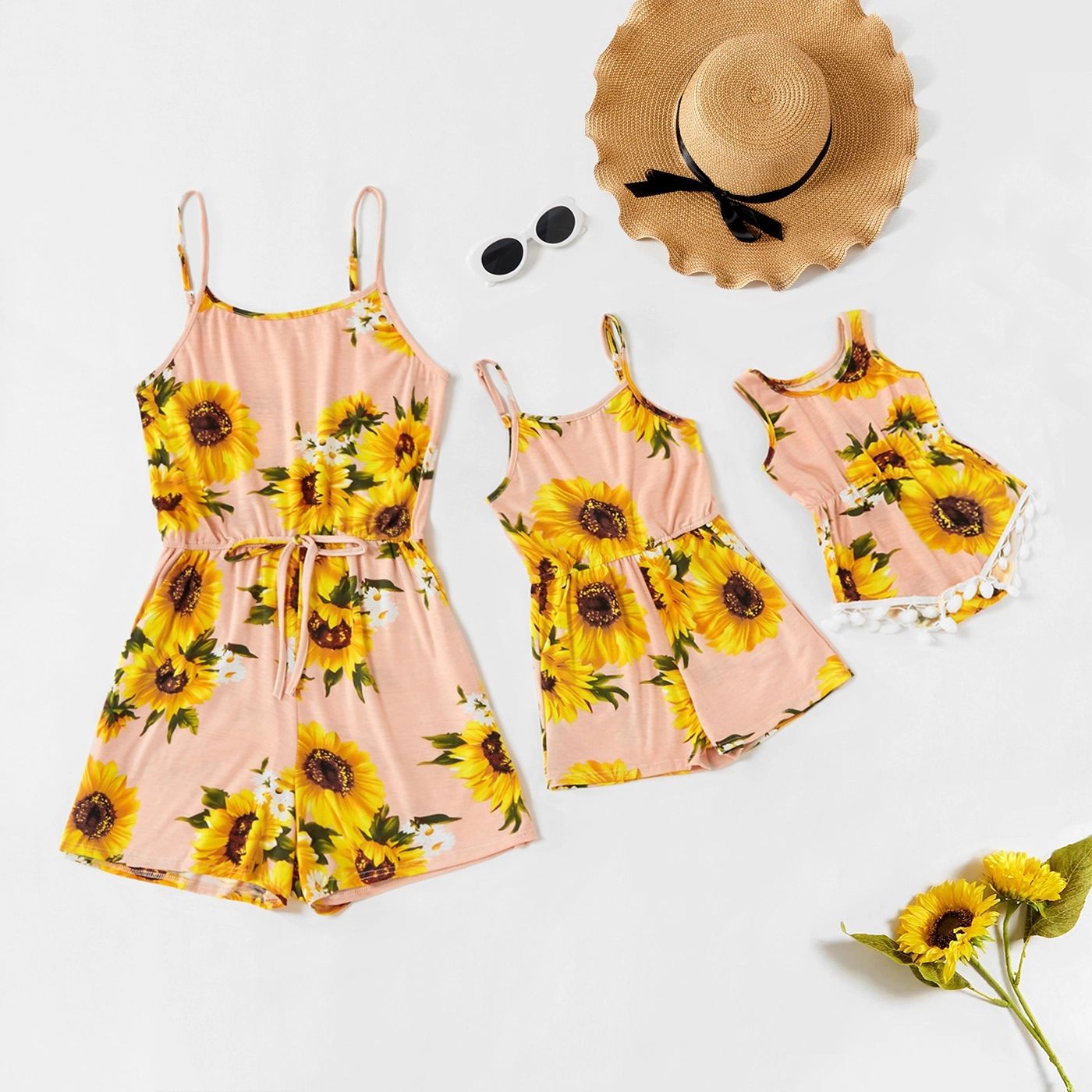 

Sunflower and Daisy Print Matching Black Sling Shorts Rompers