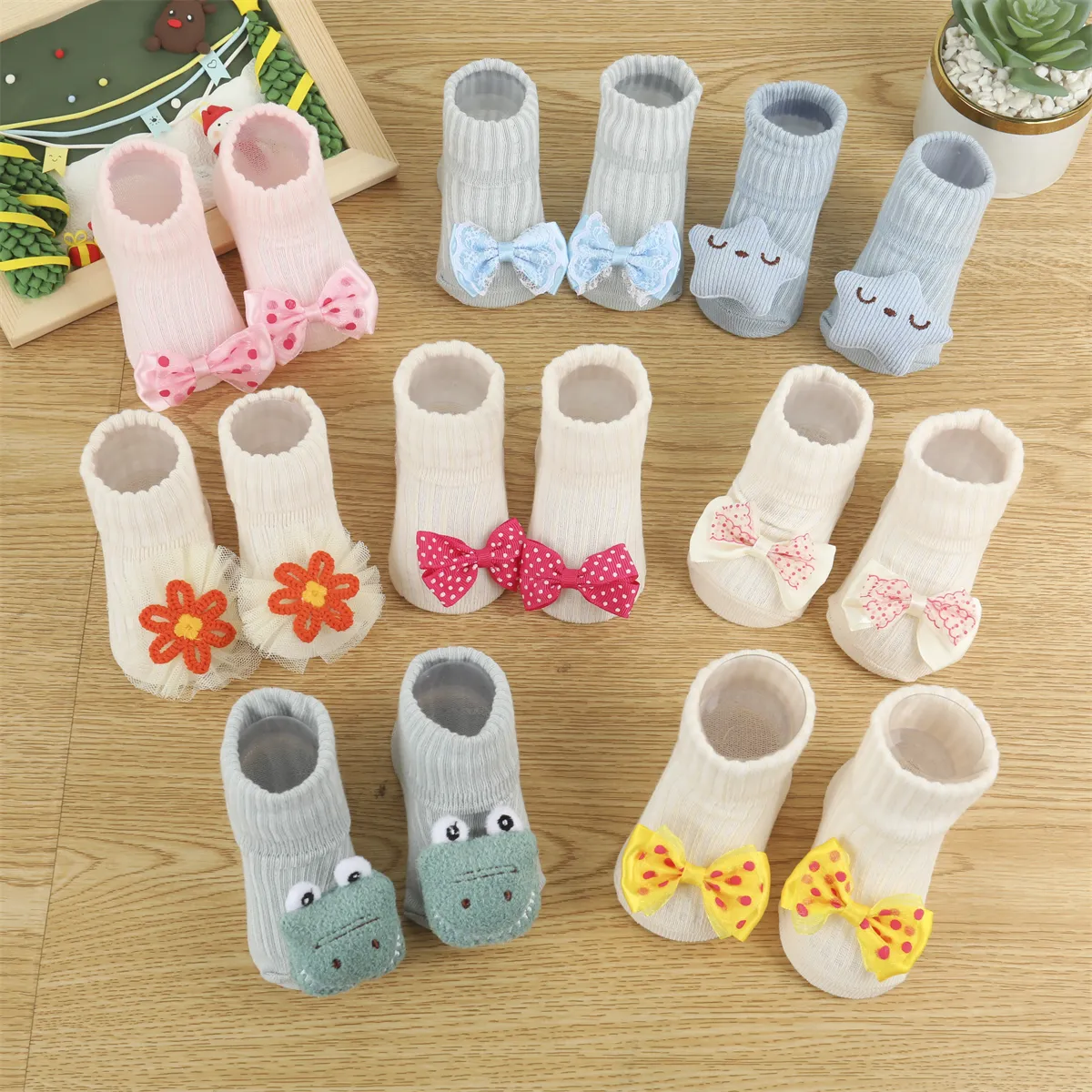 Chaussettes en coton de dessin animé floral animal mignon 3d pour bébé/enfant en bas âge Vert big image 1