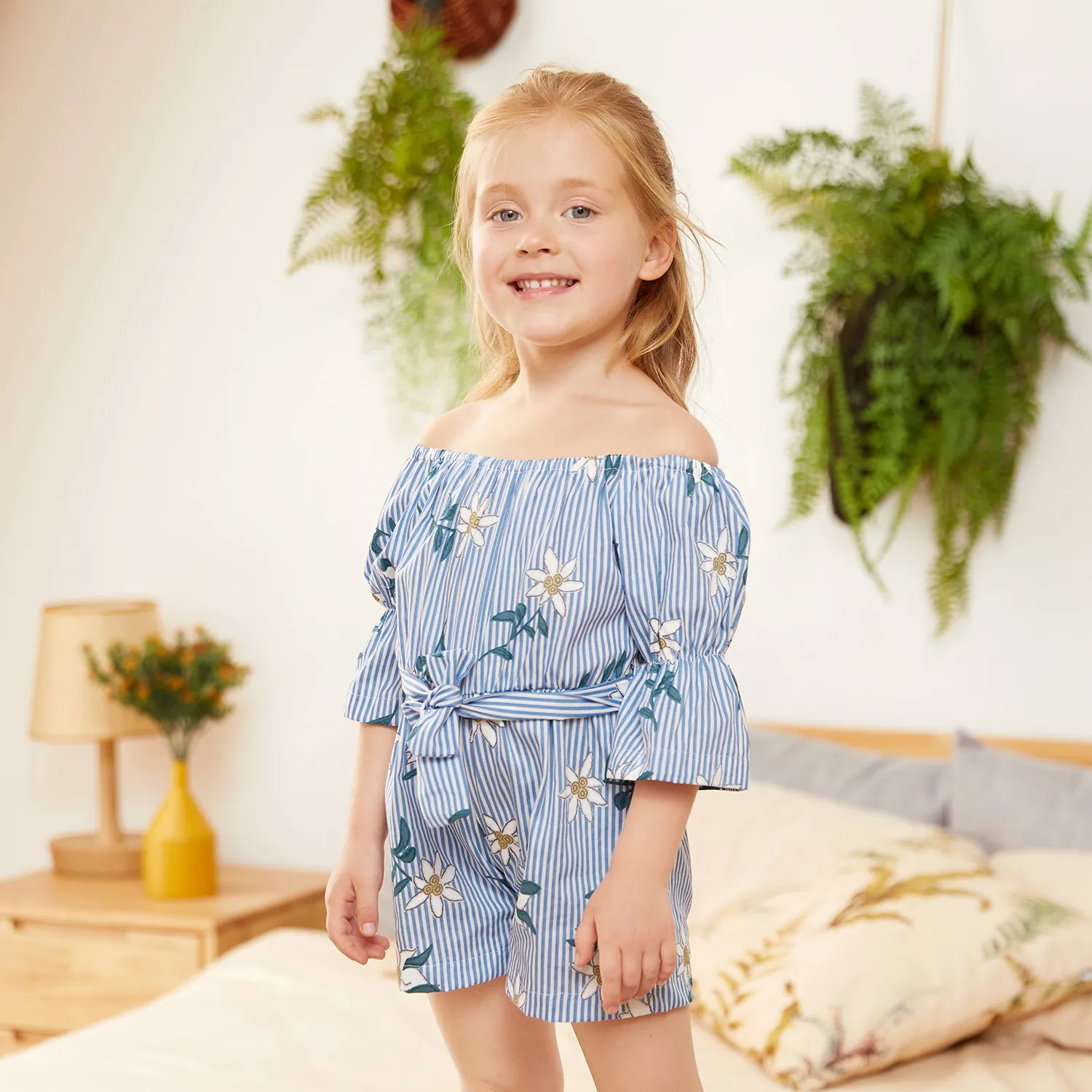 Baby / Toddler Floral Print Striped Off Shoulder Onesies Light Blue image 2