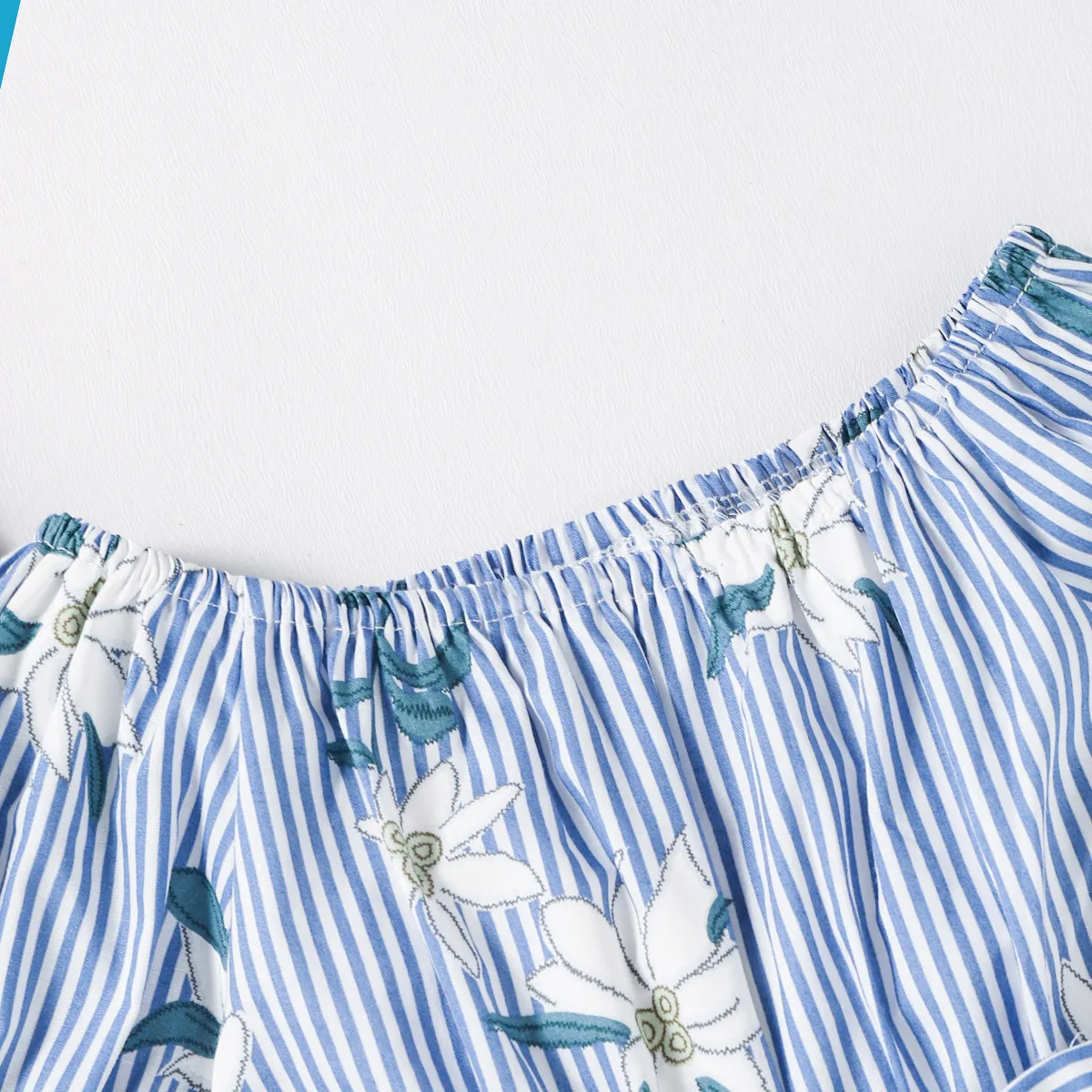 Baby / Toddler Floral Print Striped Off Shoulder Onesies Light Blue image 3