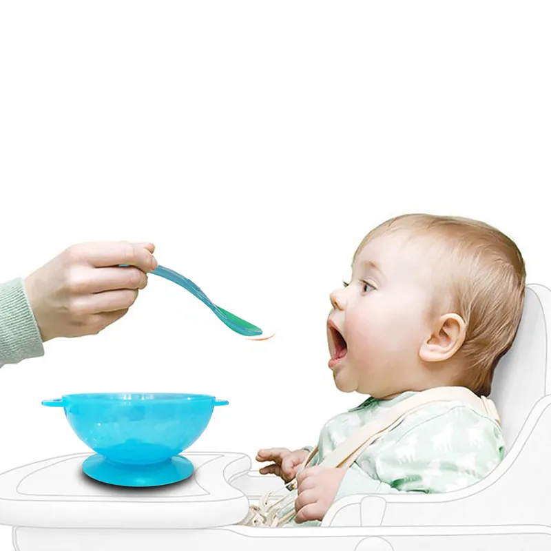 todo-en-uno tazón ventosa niños contra caídas platos de silicona bebé bowl comedor placa tazón vajilla de mesa de comida cuchara Azul Claro big image 1