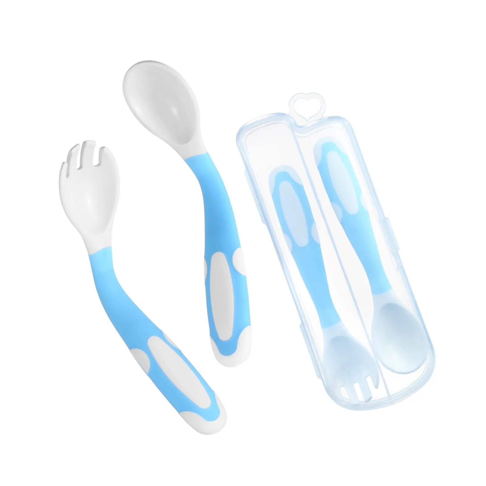 2Pcs Silicone Spoon for Baby Utensils Set Auxiliary Food Toddler Learn To Eat Training Bendable Soft Fork Infant Children Tableware Light Blue