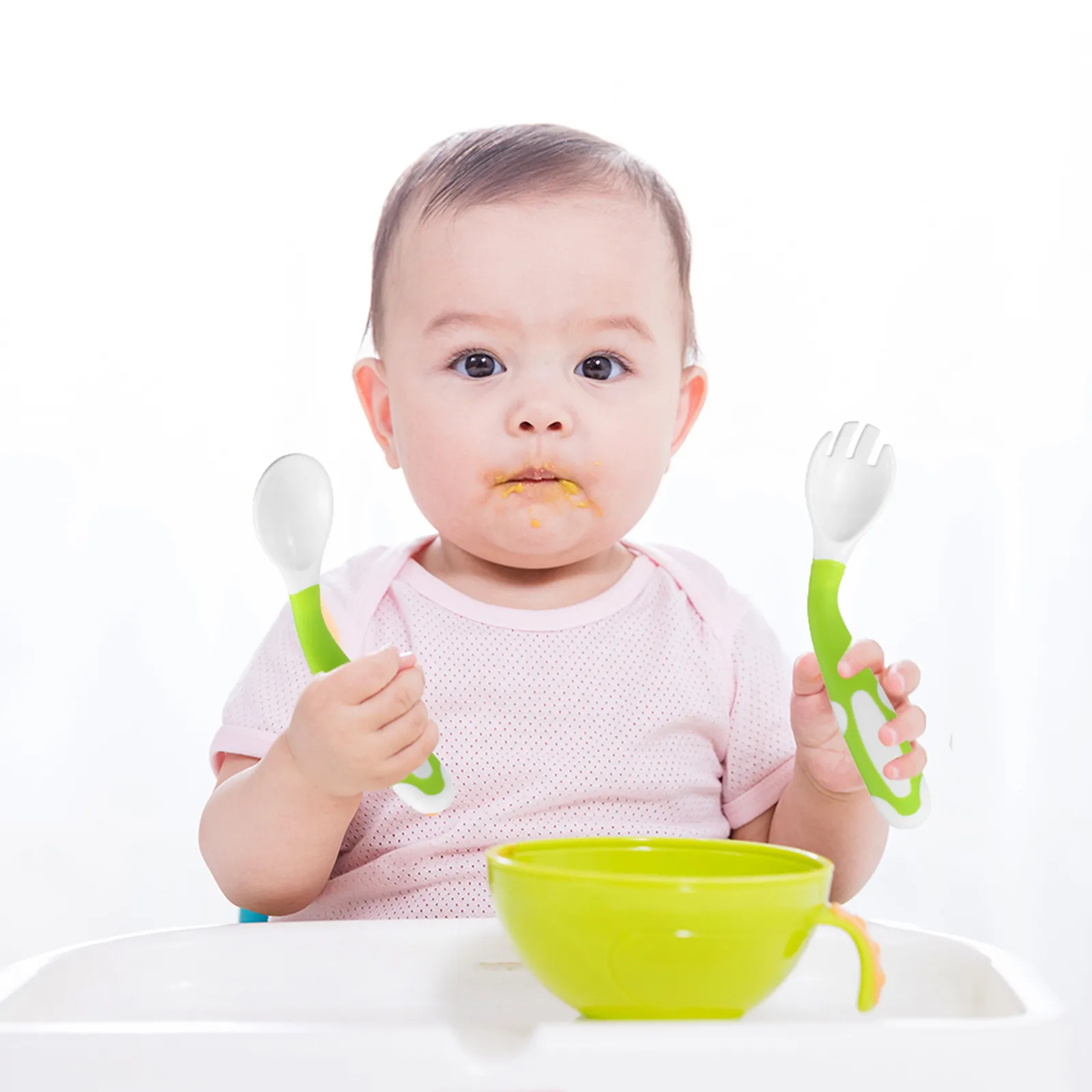 2Pcs Silicone Spoon for Baby Utensils Set Auxiliary Food Toddler Learn To Eat Training Bendable Soft Fork Infant Children Tableware Light Green image 2