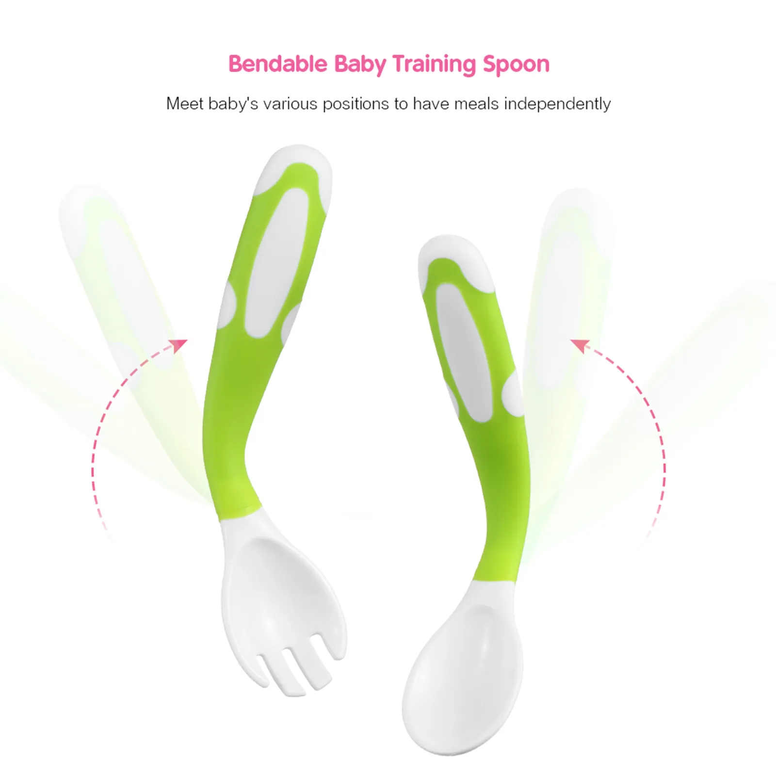 2Pcs Silicone Spoon for Baby Utensils Set Auxiliary Food Toddler Learn To Eat Training Bendable Soft Fork Infant Children Tableware Light Green image 3
