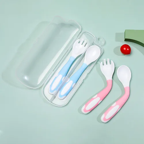 Cucchiaio in silicone da 2 pezzi per set di utensili per bambini cibo ausiliario bambino impara a mangiare allenamento forchetta morbida pieghevole stoviglie per bambini
