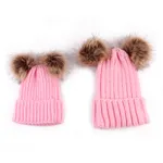 Double Hairball Knitted Beanie Hats for Mommy and Me Pink