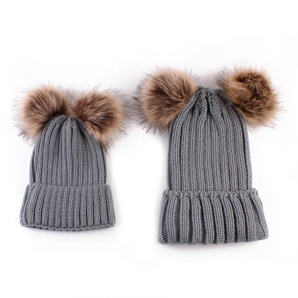 Double Hairball Knitted Beanie Hats for Mommy and Me Grey
