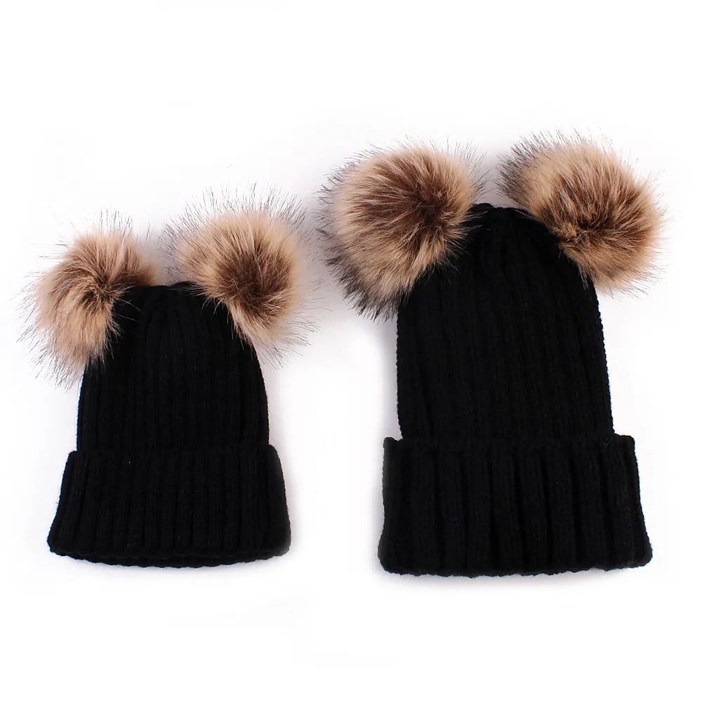 Double Hairball Knitted Beanie Hats for Mommy and Me