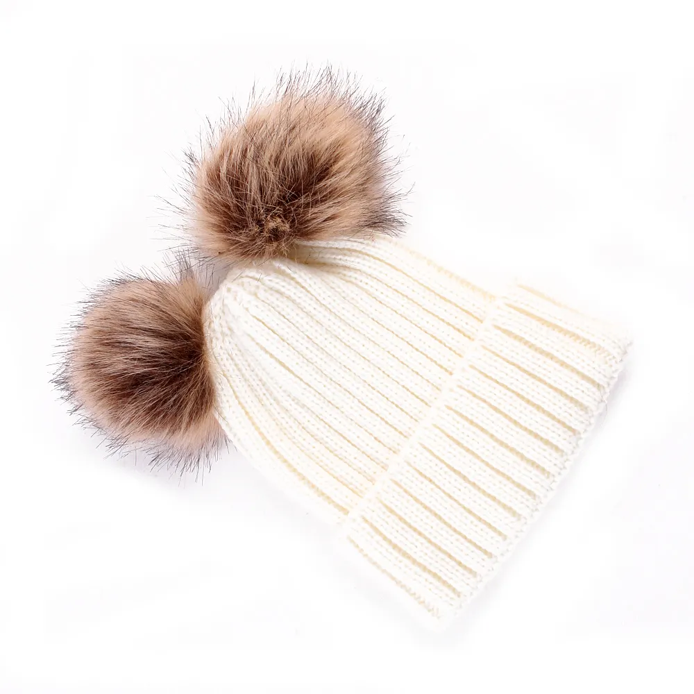 Double Hairball Knitted Beanie Hats per mamma e me Bianco big image 1