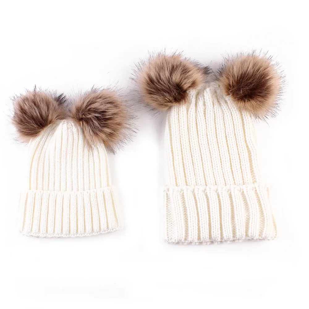 Double Hairball Knitted Beanie Hats for Mommy and Me big image 3