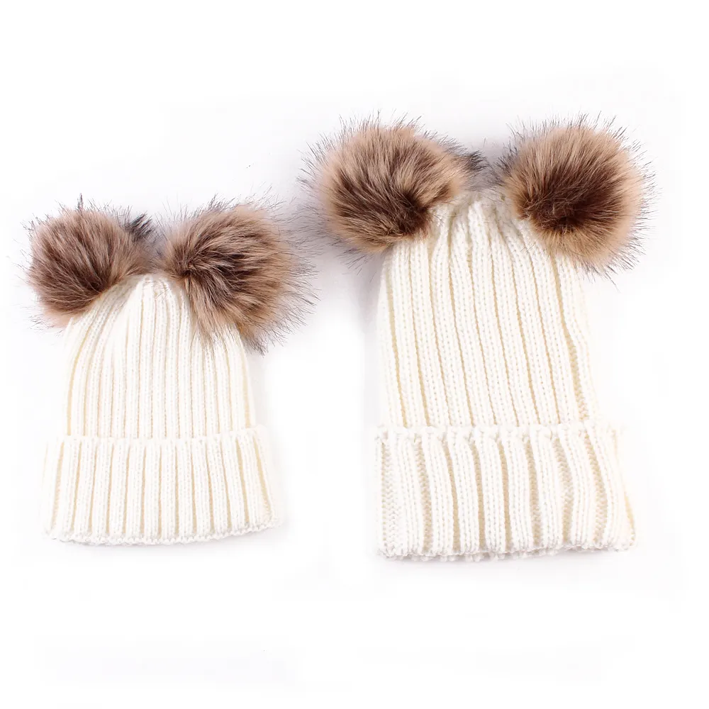 Double Hairball Knitted Beanie Hats per mamma e me Bianco big image 1
