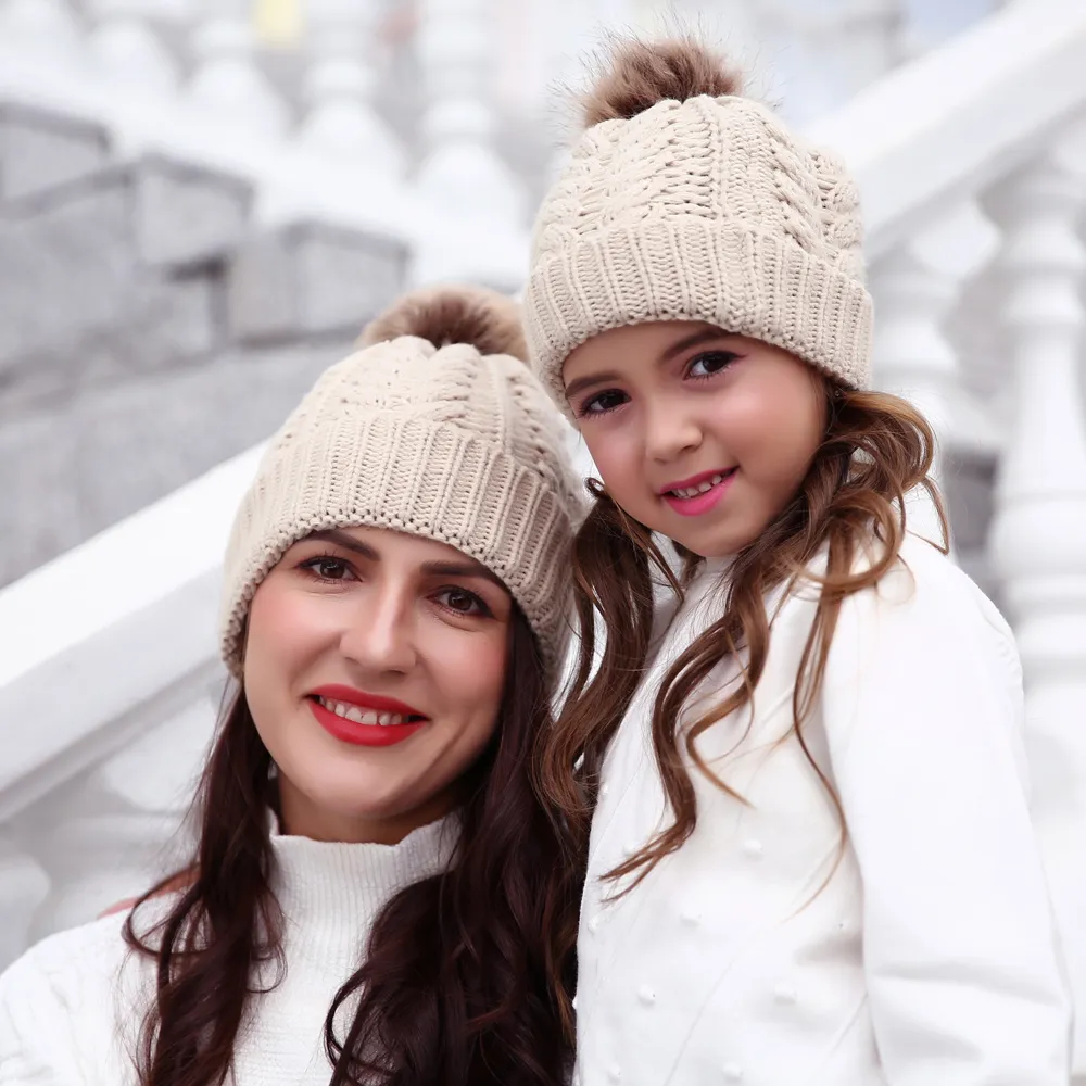 Knitted Hair Ball Beanie Hats for Mommy and Me Beige big image 1