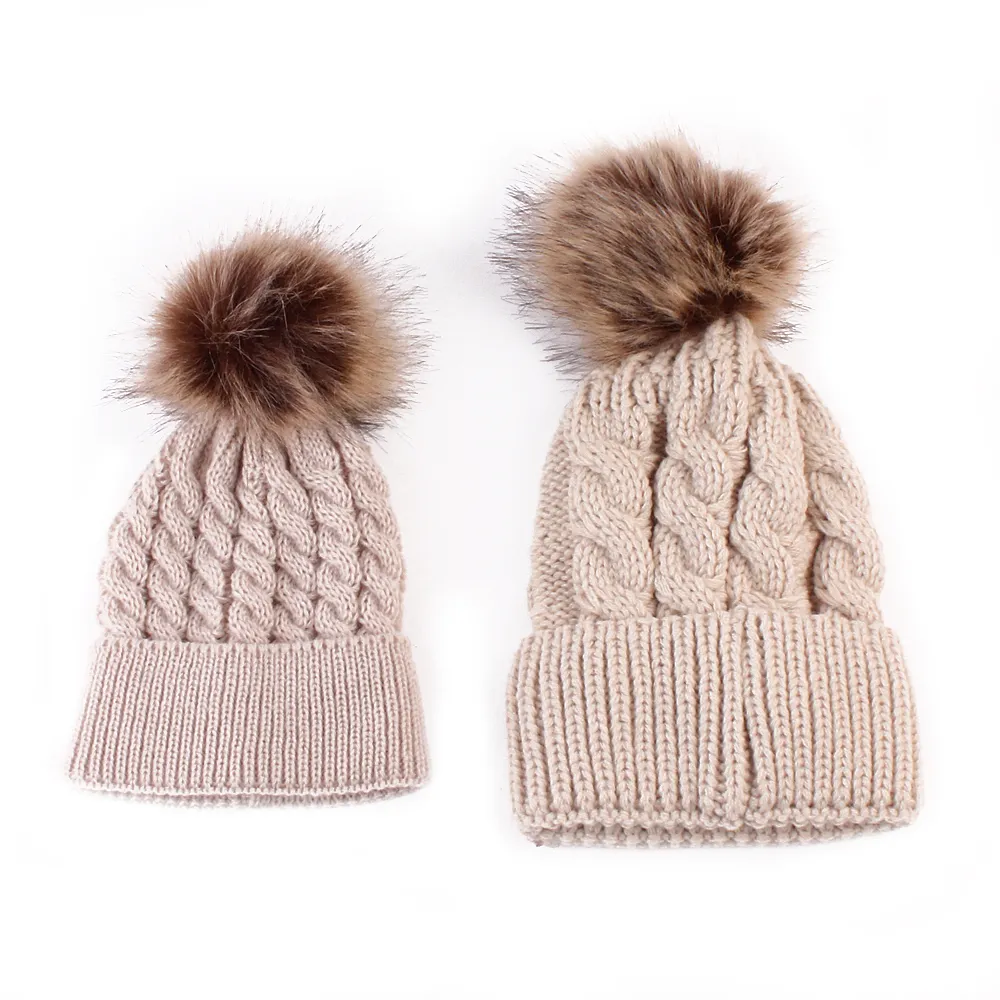 Autumn/Winter Multicolor Hairball Knit Beanie Hats Beige big image 1
