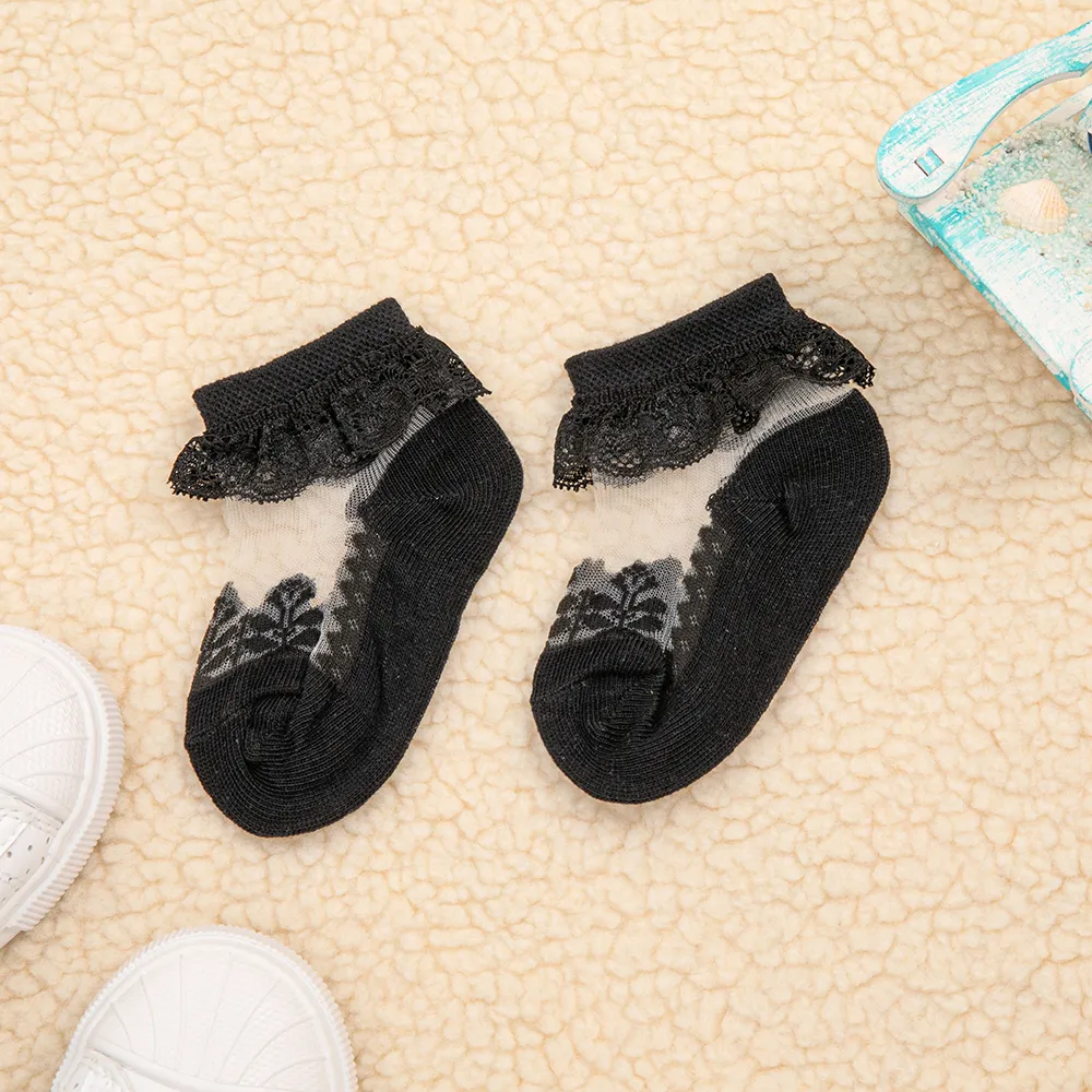 Chaussettes respirantes en dentelle solide pour bébé/enfant en bas âge Noir big image 1