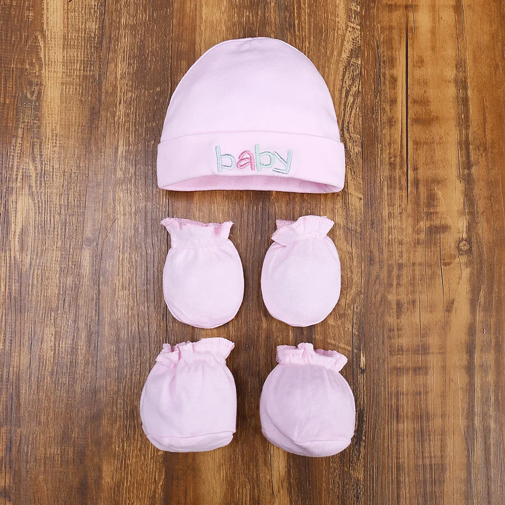 3-piece Solid Cotton Hat with Bow decor socks and Anti-scratch Gloves  big image 1