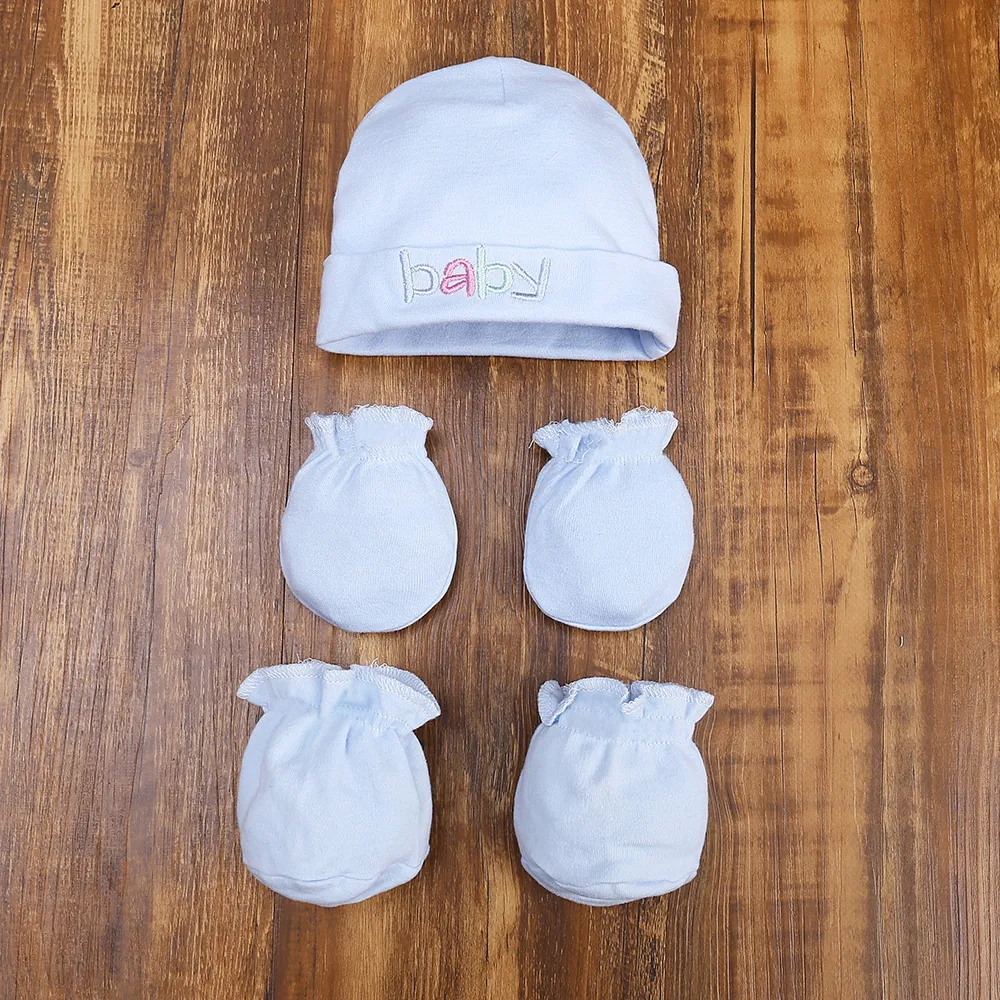 3-piece Solid Cotton Hat with Bow decor socks and Anti-scratch Gloves Blue