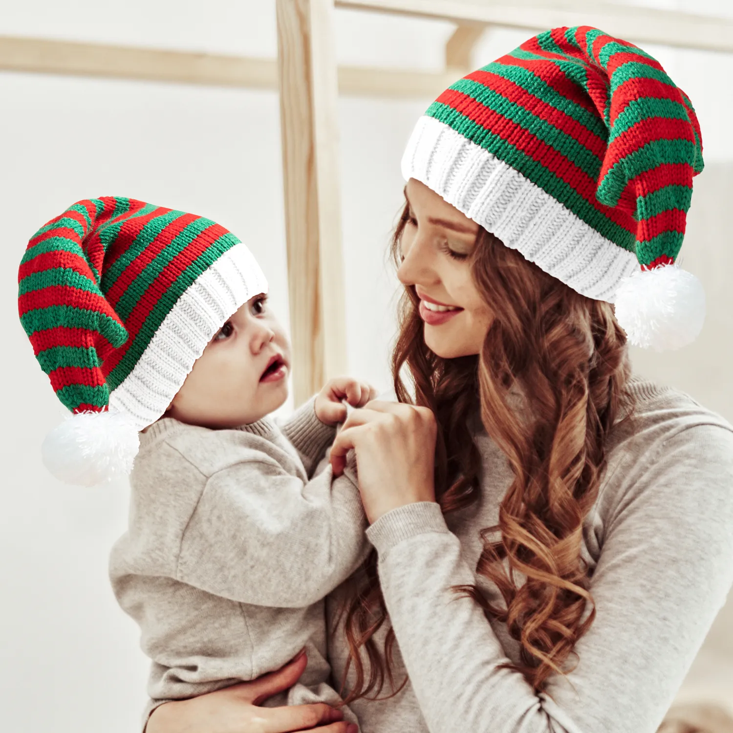 Santa Beanie Hat Christmas Red and White Knitted Christmas Caps Winter Hat Xmas Hats for Mom and Me Green/White/Red image 2
