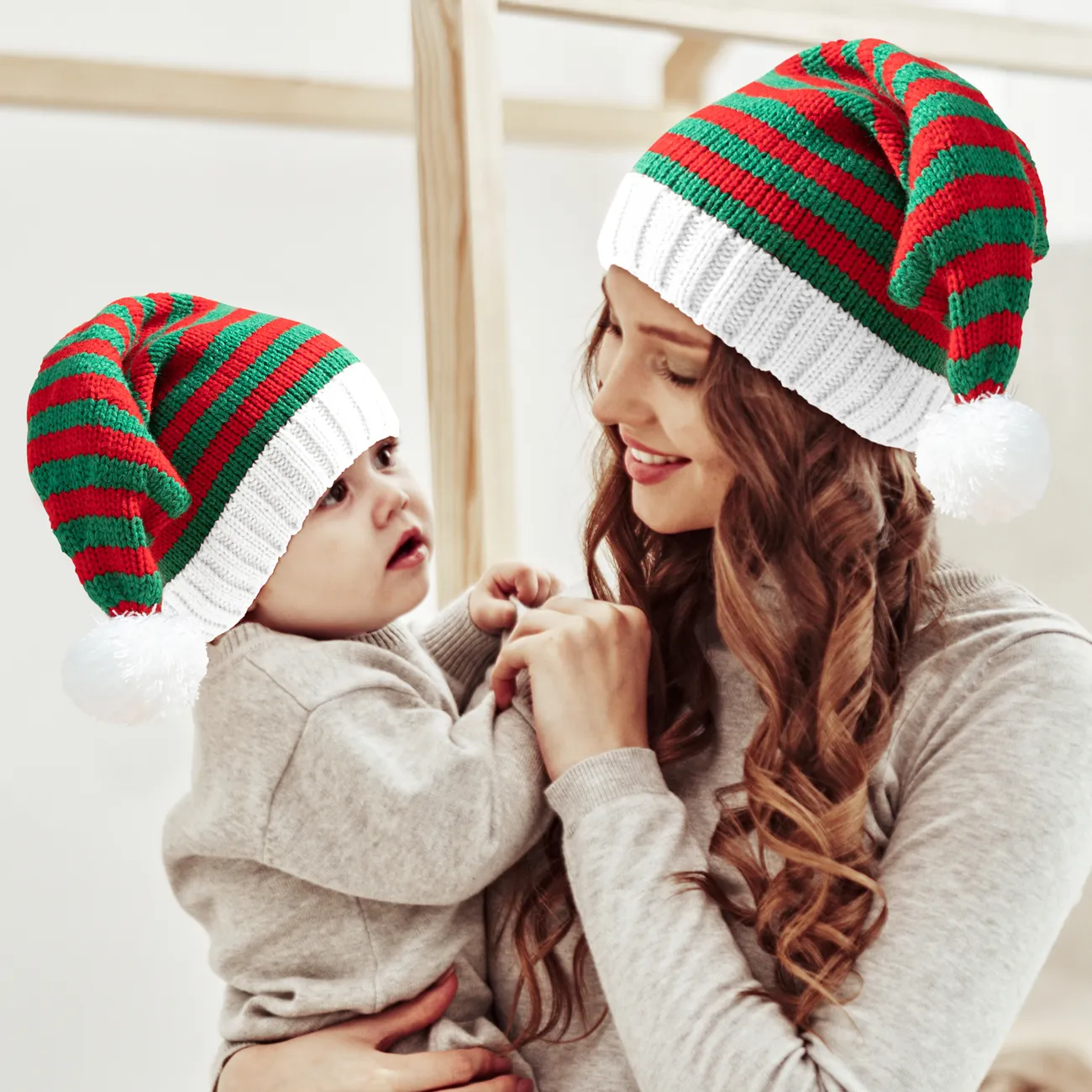 聖誕老人帽子聖誕紅白針織聖誕帽冬帽聖誕帽給媽媽和我 綠/白/紅 big image 1